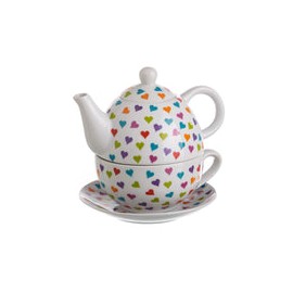 Tetera Con Taza De Porcelana Y Plato Blanco Con Corazones