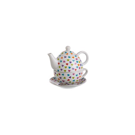 Tetera Con Taza De Porcelana Y Plato Blanco Con Corazones